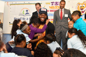 ROXBURY, MA - NOVEMBER 15: Patriots Tight End and Children's Book Author Martellus Bennett visits Read to a Child's Lunchtime Reading Program at Boston Public Schools' Tobin K-8 and reads his new book "Hey A.J., It's Saturday!" to first and second graders on November 15, 2016 in Roxbury, Massachusetts. (Photo by Paul Marotta/Getty Images)