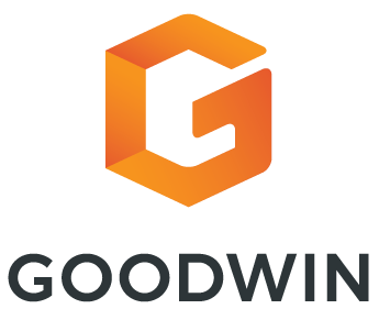 Official Goodwin Procter logo, orange, rounded hexagonal G with Goodwin written below in black text.