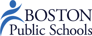 Boston Public Schools logo, with blue person reaching upwards and Boston Public Schools written in black.