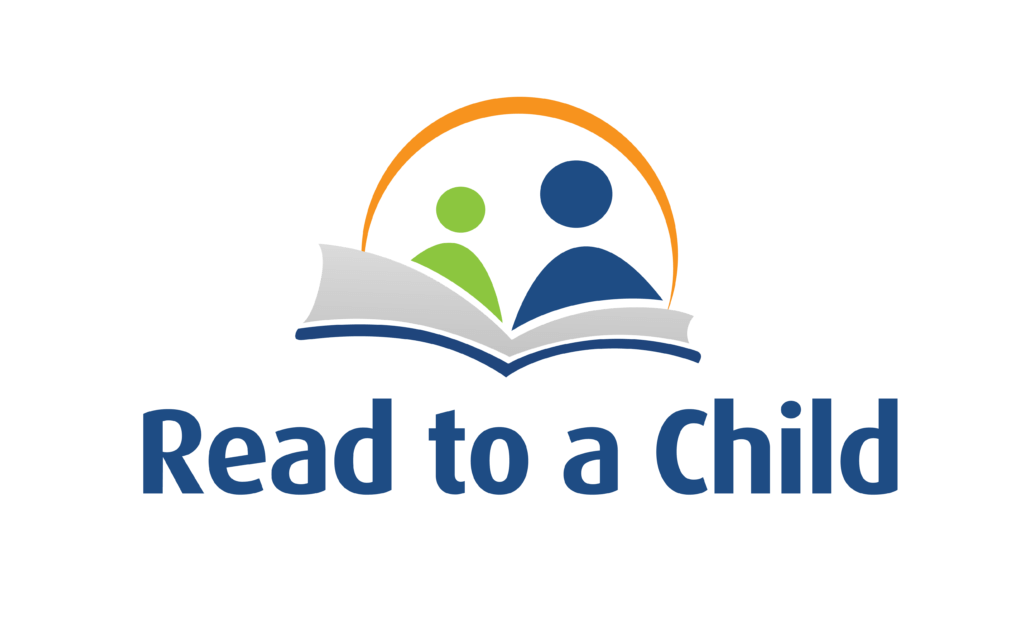 Read to a Child logo, with green and blue persons above a book, with an orange arc above them, and Read to a Child written in blue below.