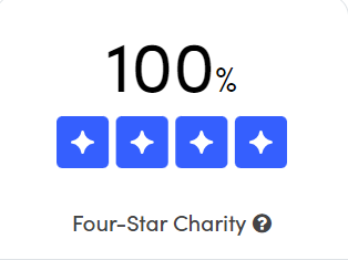 A large 100 percent, with 4 stars below that are blue boxes with white stars in the middle, and Four Star Charity written below.